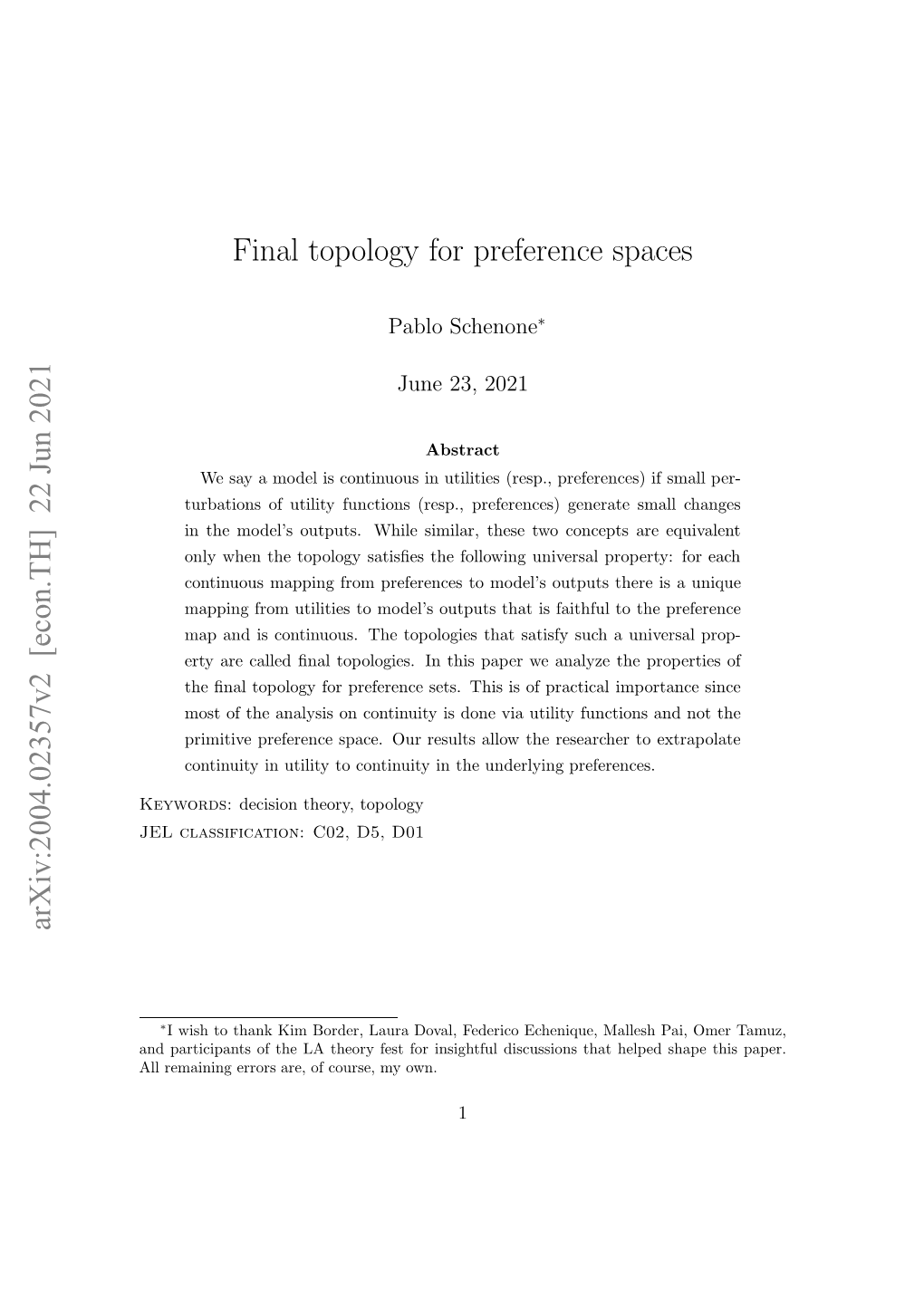 Arxiv:2004.02357V2 [Econ.TH] 22 Jun 2021 Final Topology for Preference