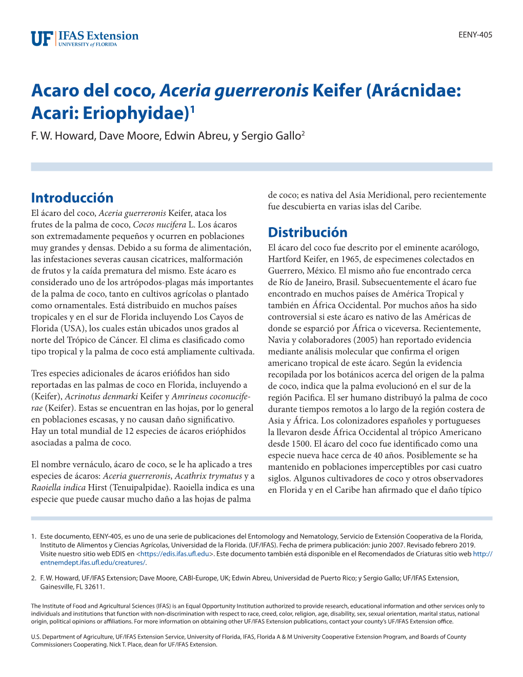 Acaro Del Coco, Aceria Guerreronis Keifer (Arácnidae: Acari: Eriophyidae)1 F