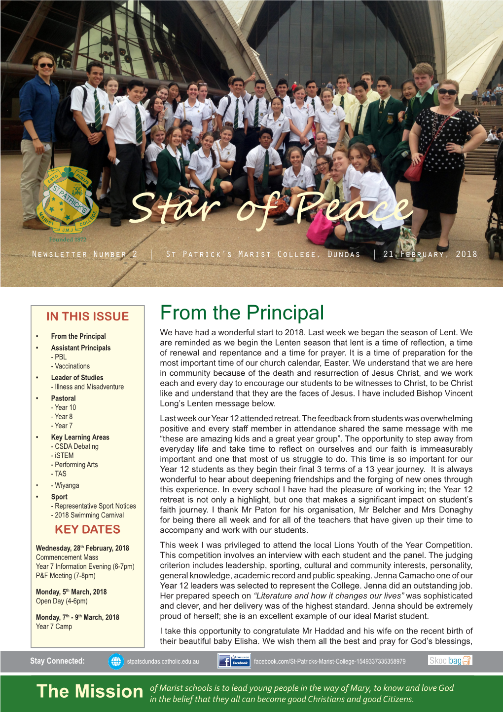 Star of Peace Newsletter Number 2 | St Patrick’S Marist College, Dundas | 21 February, 2018