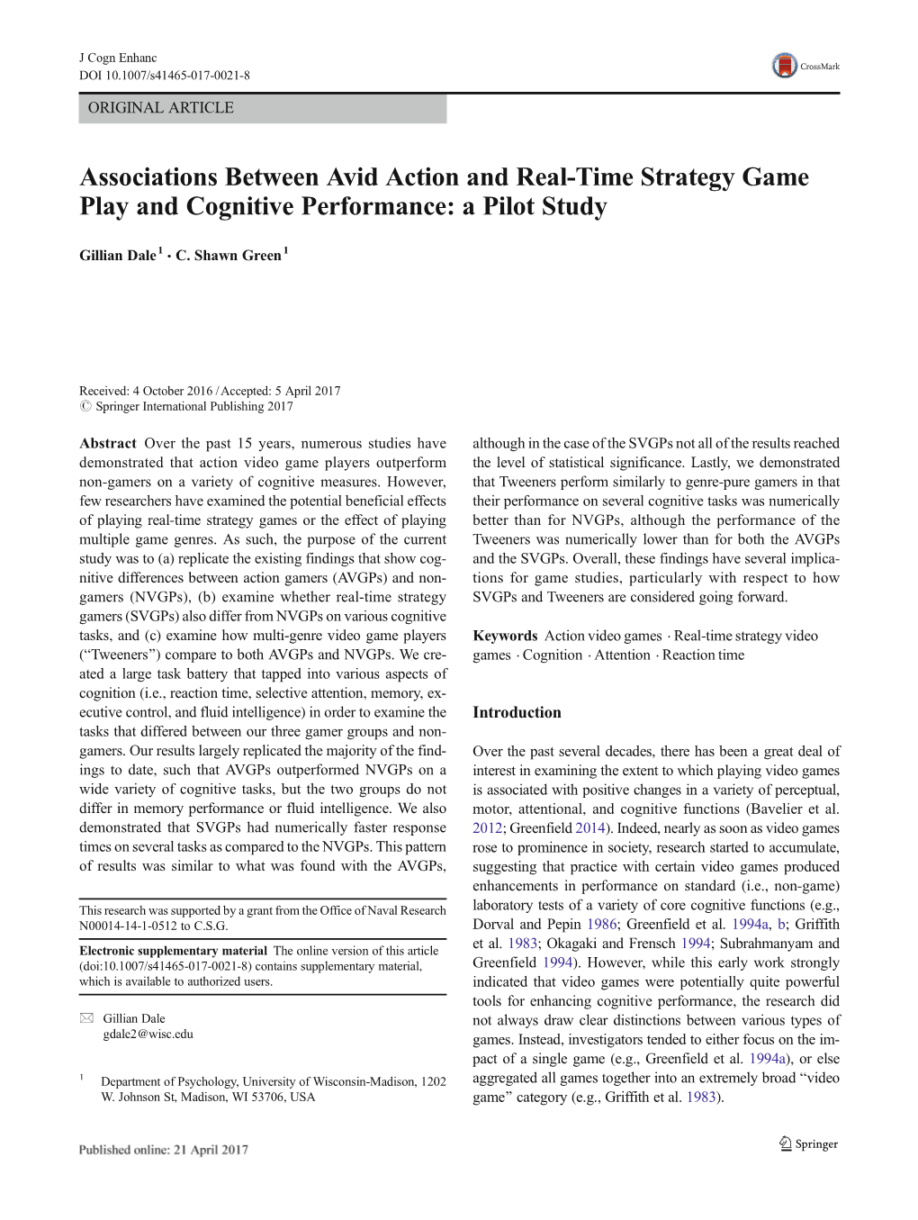 Associations Between Avid Action and Real-Time Strategy Game Play and Cognitive Performance: a Pilot Study