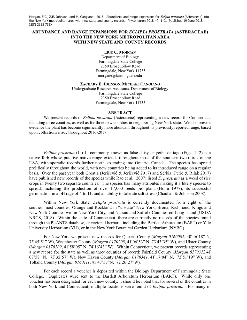 Abundance and Range Expansions for Eclipta Prostrata (Asteraceae) Into the New York Metropolitan Area with New State and County Records