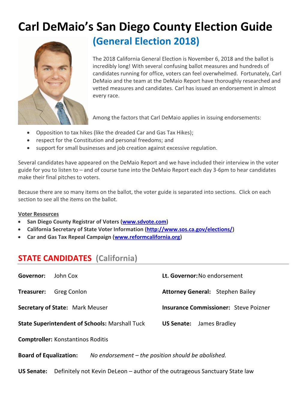 Carl Demaio's San Diego County Election Guide