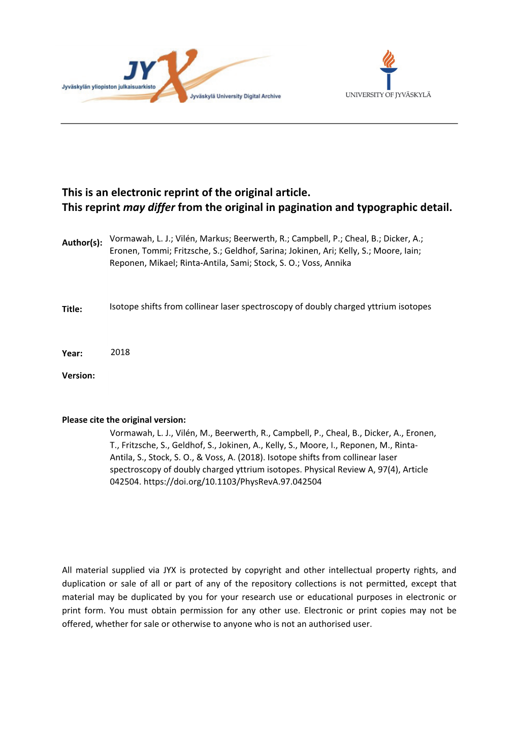 Isotope Shifts from Collinear Laser Spectroscopy of Doubly Charged Yttrium Isotopes