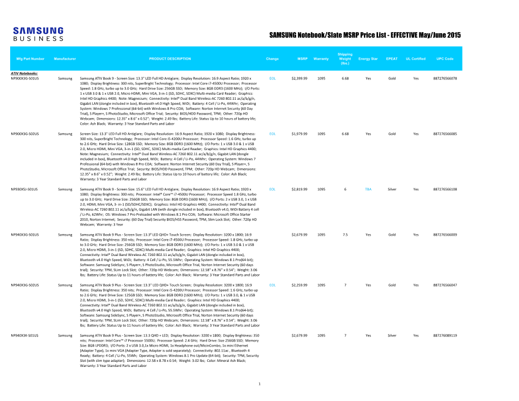 SAMSUNG Notebook/Slate MSRP Price List - EFFECTIVE May/June 2015