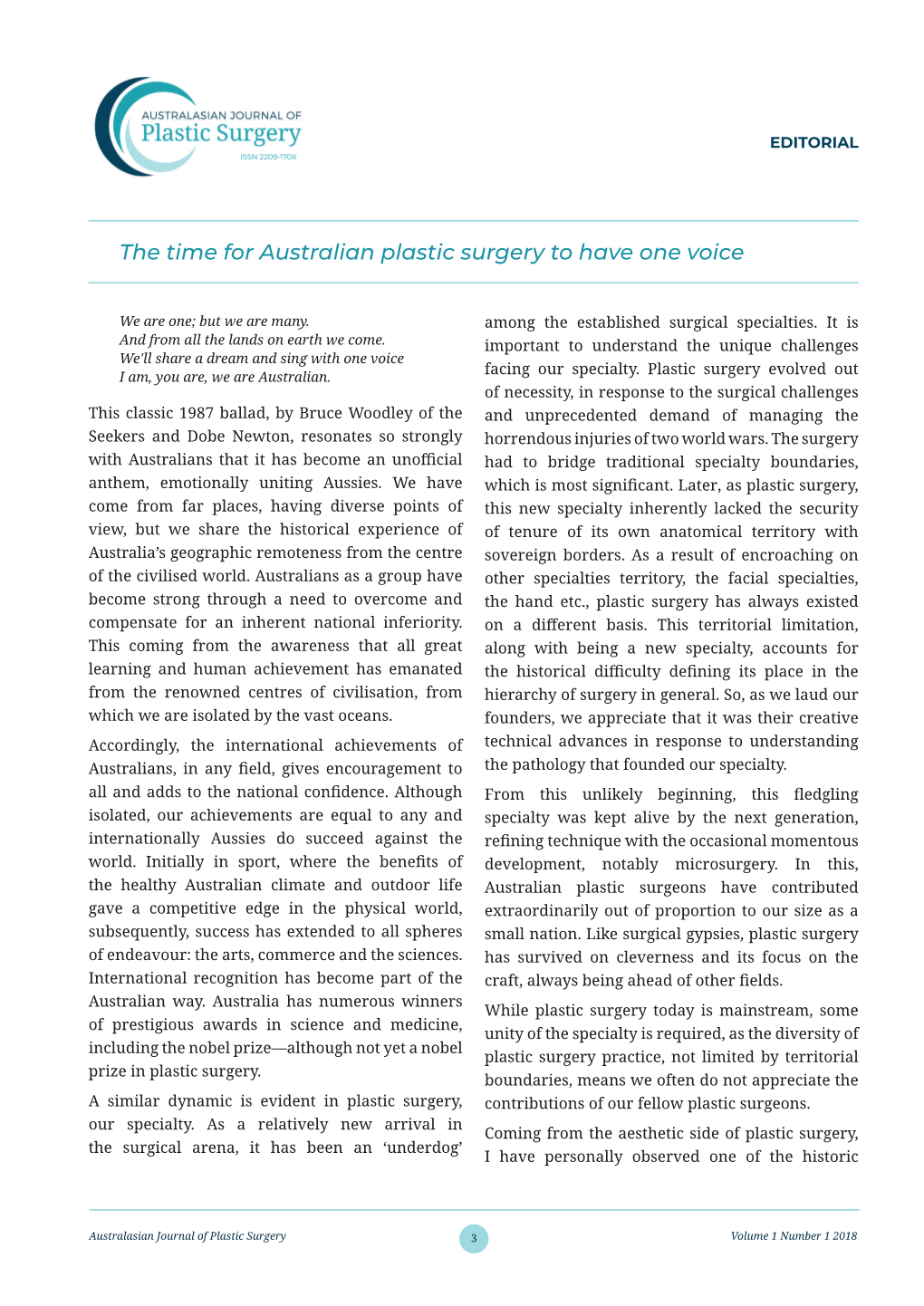 The Time for Australian Plastic Surgery to Have One Voice