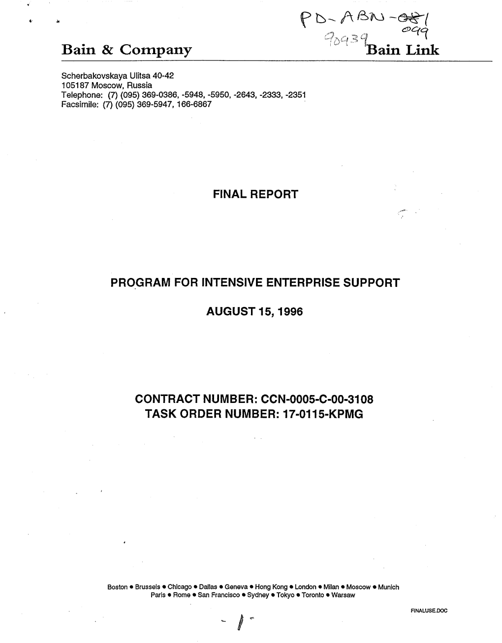 Final Report Program for Intensive Enterprise