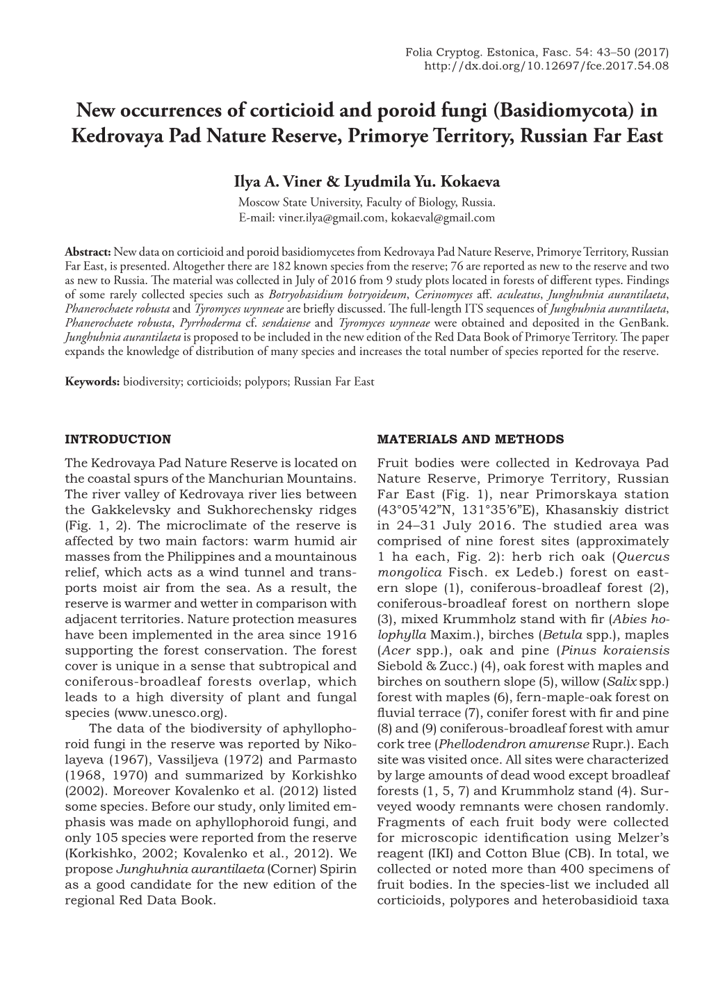 New Occurrences of Corticioid and Poroid Fungi (Basidiomycota) in Kedrovaya Pad Nature Reserve, Primorye Territory, Russian Far East