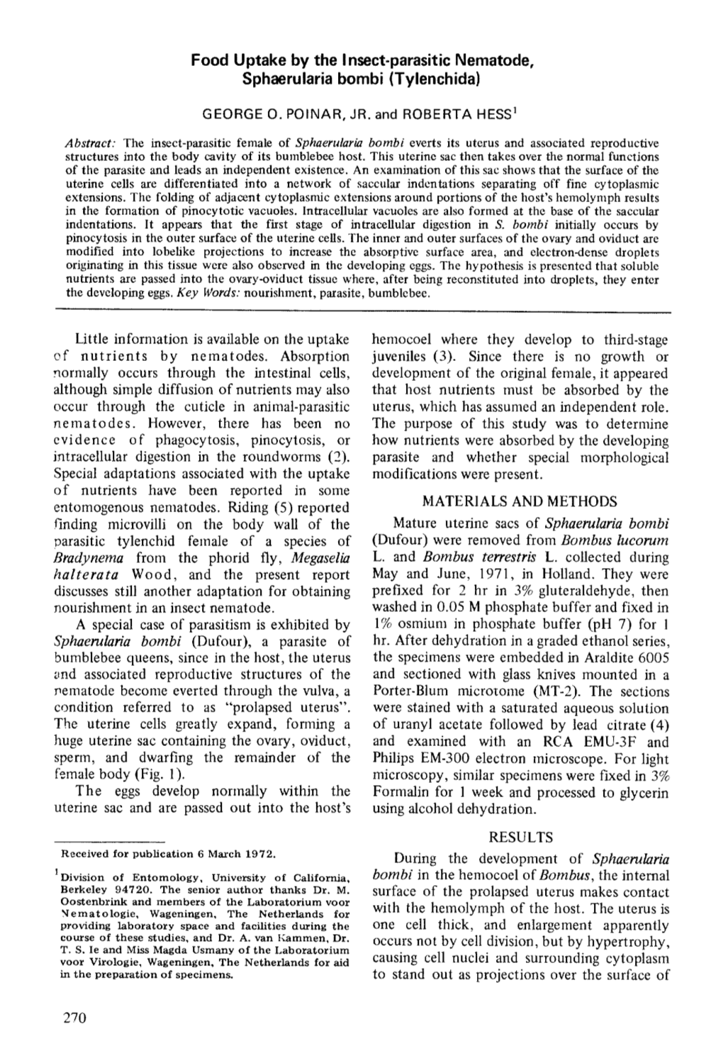 Food Uptake by the Insect-Parasitic Nematode, Sphaerularia Bombi (Tylenchida)