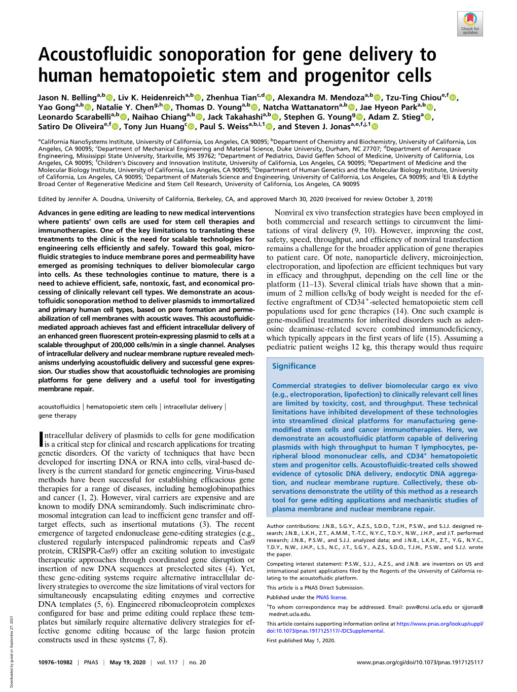 Acoustofluidic Sonoporation for Gene Delivery to Human Hematopoietic Stem and Progenitor Cells