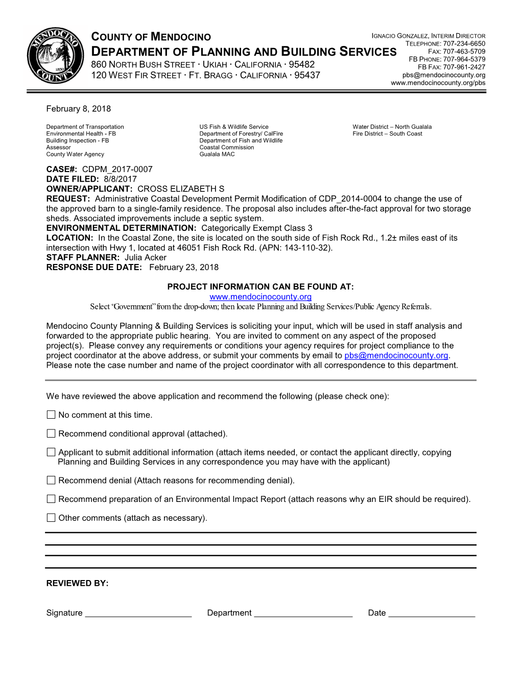 Application Submitted to Mendocino County