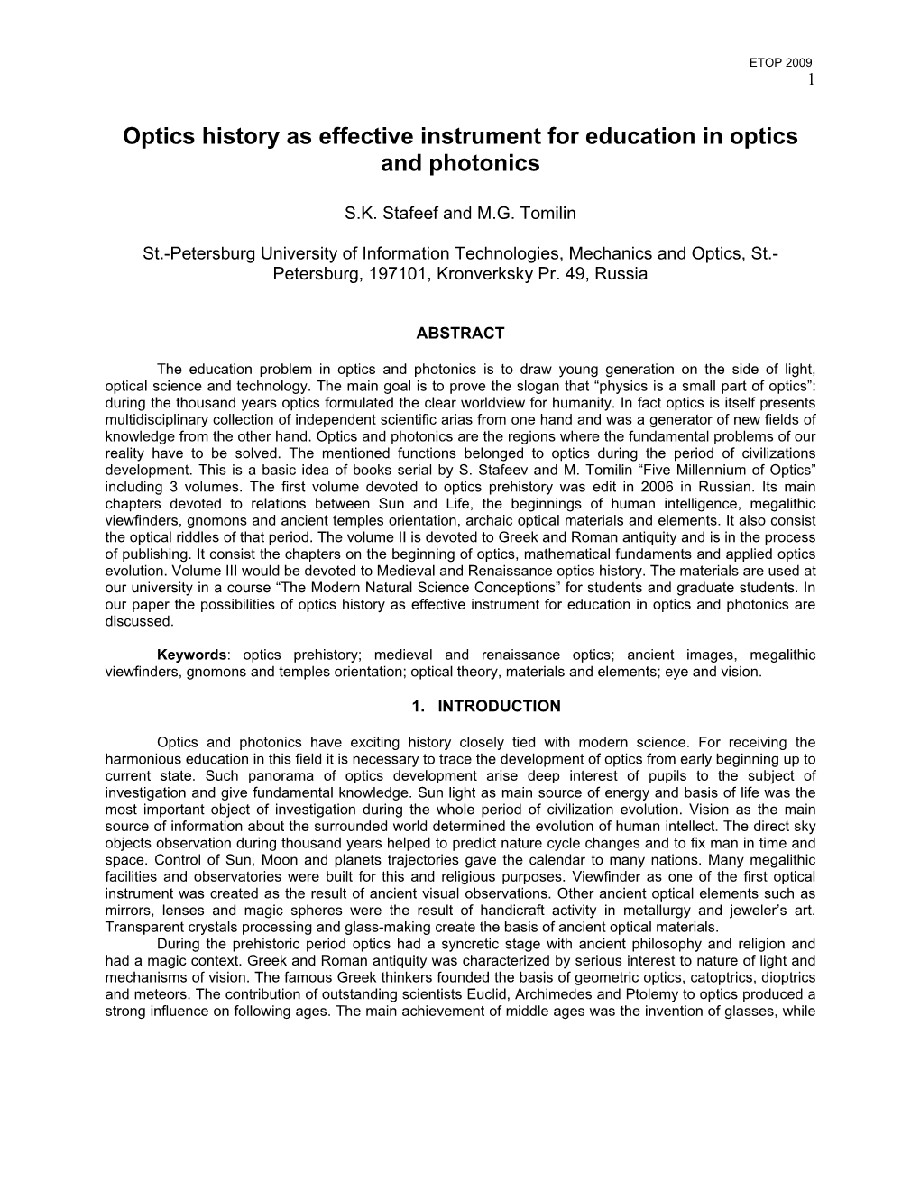 Optics History As Effective Instrument for Education in Optics and Photonics