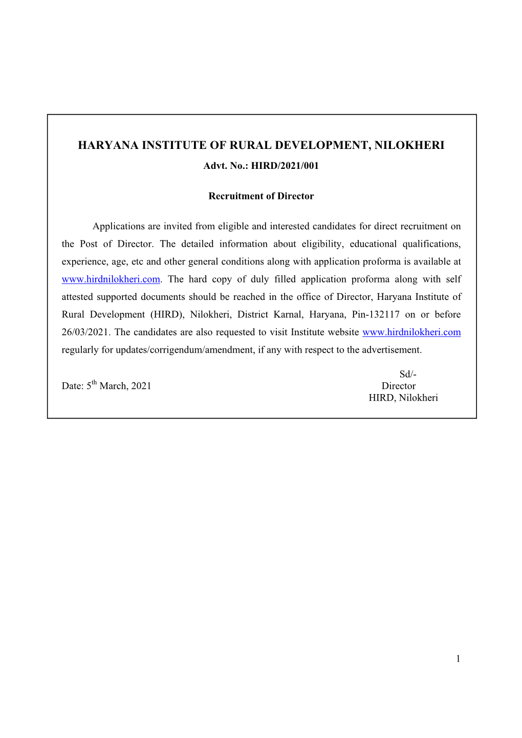 HARYANA INSTITUTE of RURAL DEVELOPMENT, NILOKHERI Advt