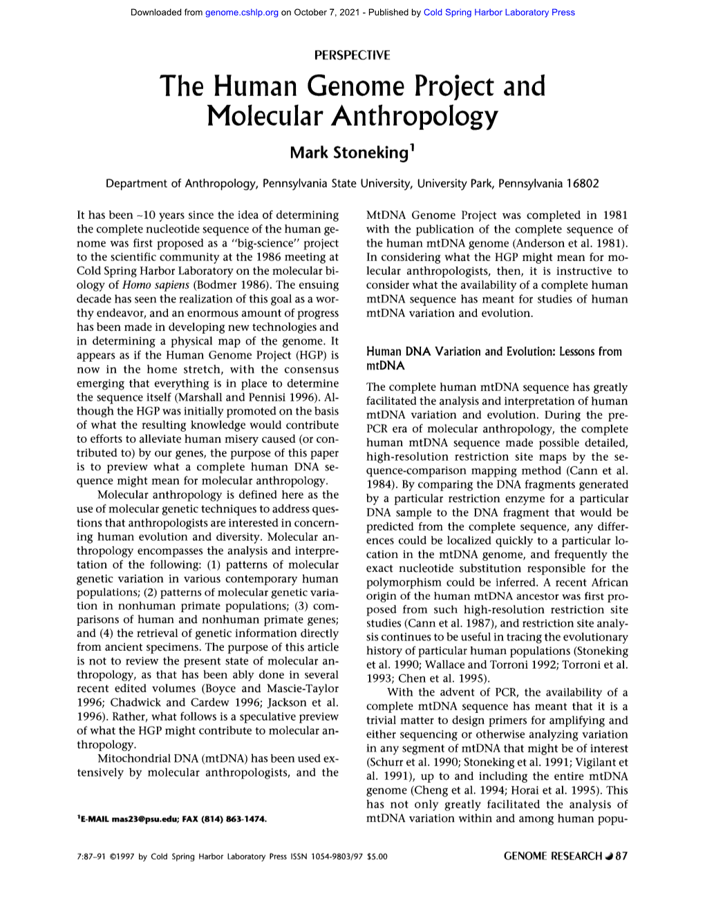 The Human Genome Project and Molecular Anthropology Mark Stoneking 1
