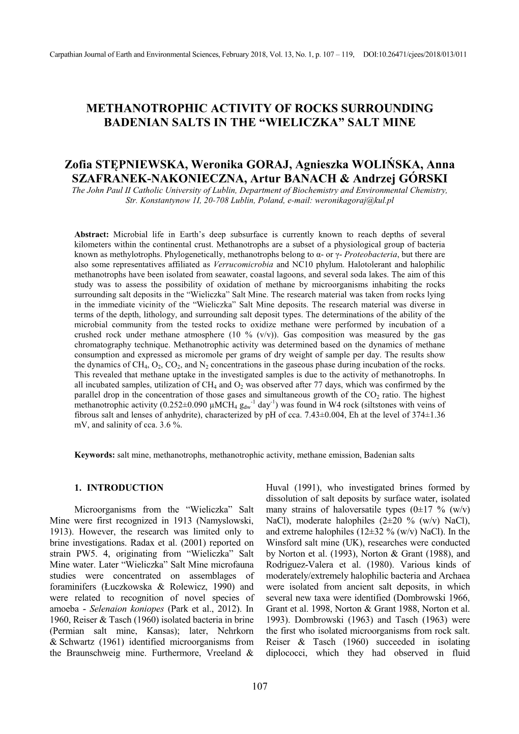 Methanotrophic Activity of Rocks Surrounding Badenian Salts in the “Wieliczka” Salt Mine