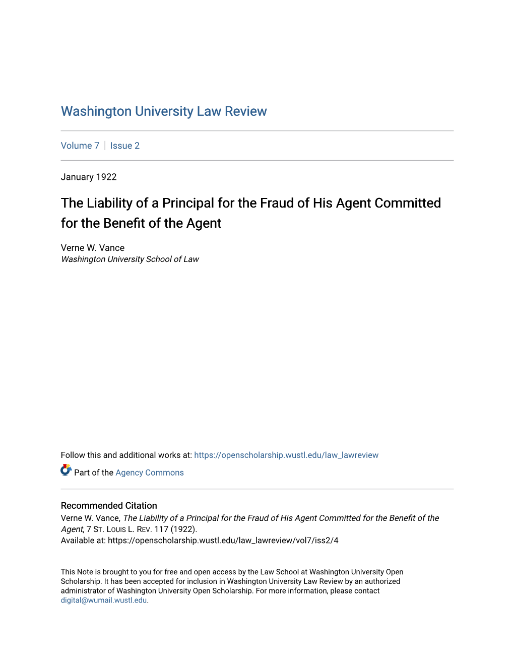 The Liability of a Principal for the Fraud of His Agent Committed for the Benefit of the Agent