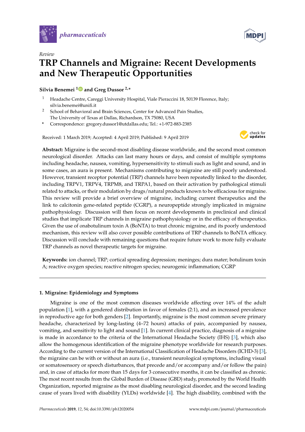 TRP Channels and Migraine: Recent Developments and New Therapeutic Opportunities