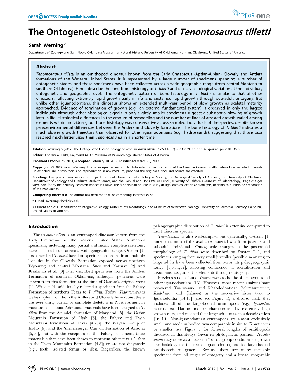 The Ontogenetic Osteohistology of Tenontosaurus Tilletti