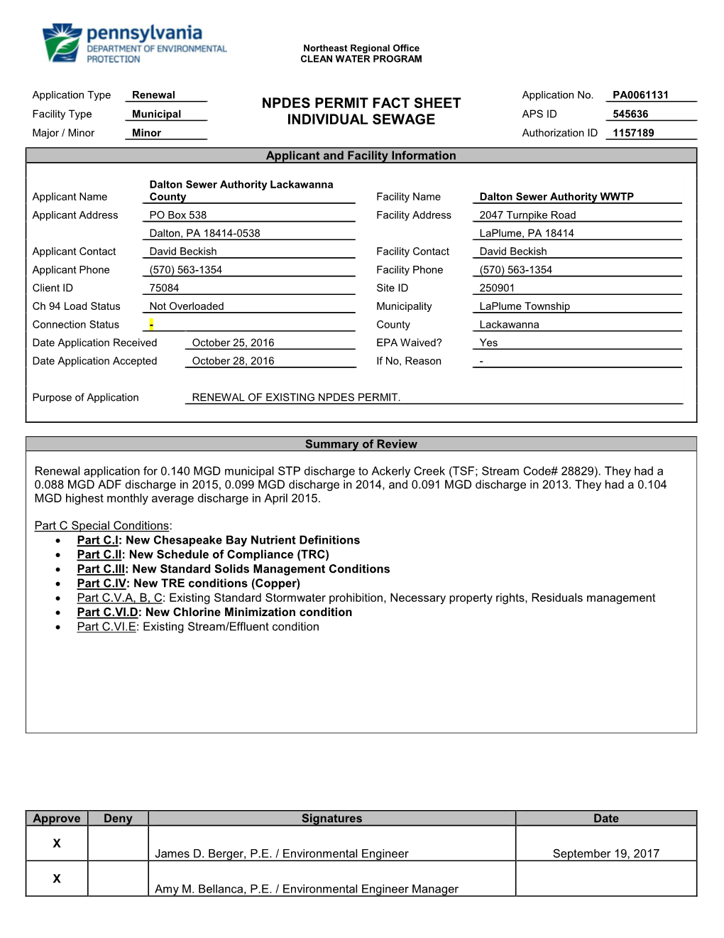 Npdes Permit Fact Sheet Individual Sewage