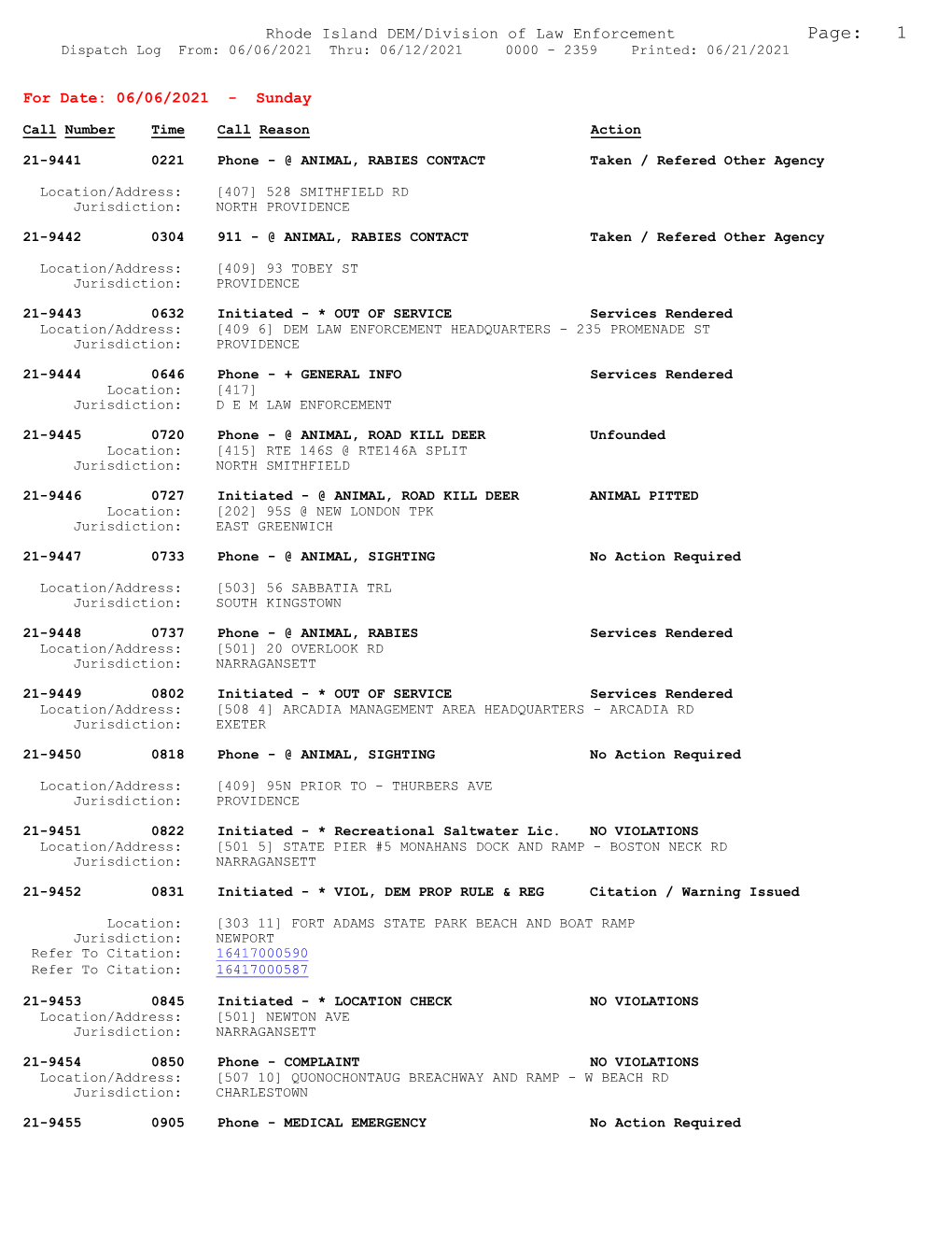 Page: 1 Dispatch Log From: 06/06/2021 Thru: 06/12/2021 0000 - 2359 Printed: 06/21/2021