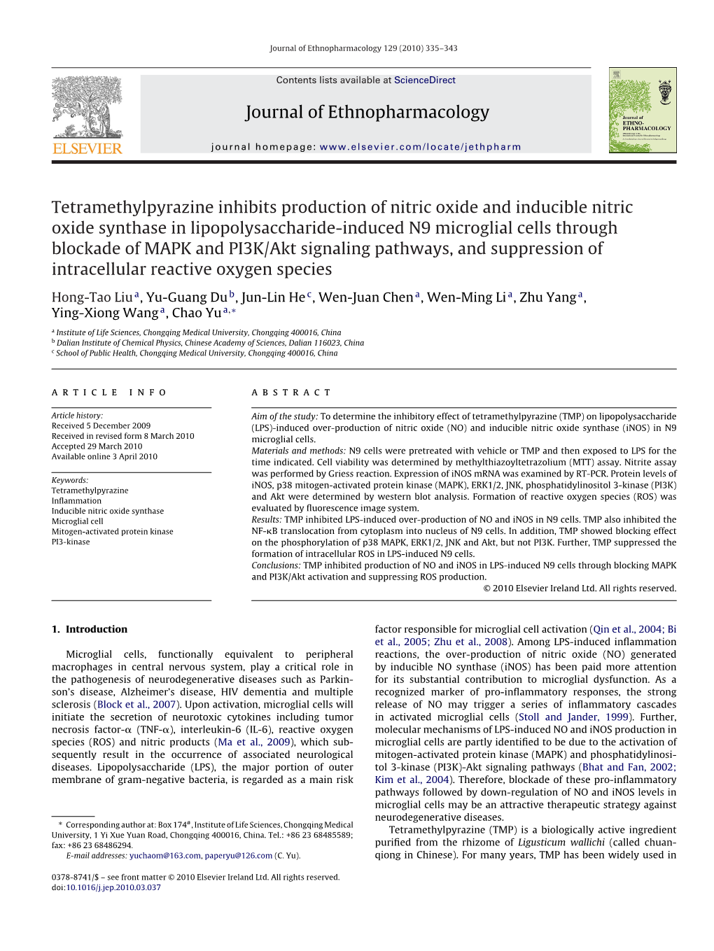 Tetramethylpyrazine Inhibits Production of Nitric Oxide And