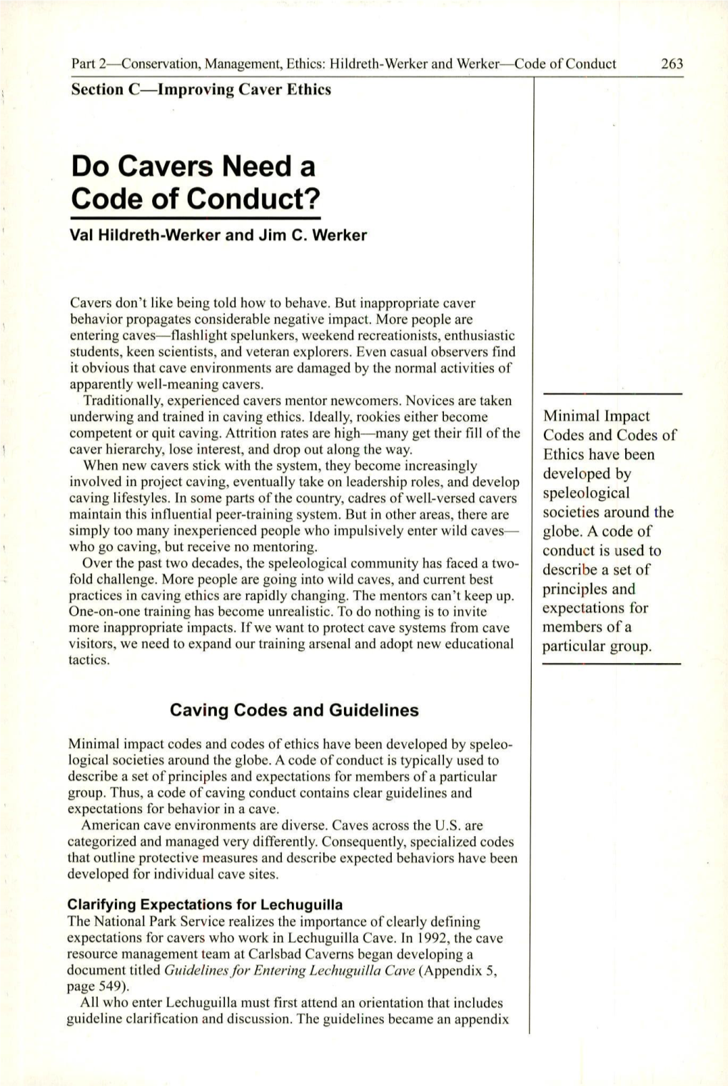 Do Cavers Need a Code of Conduct? Val Hildreth-Werker and Jim C
