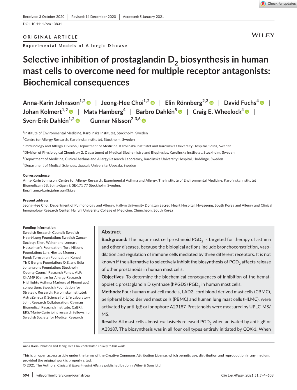 Selective Inhibition of Prostaglandin D2 Biosynthesis in Human Mast Cells to Overcome Need for Multiple Receptor Antagonists: Biochemical Consequences