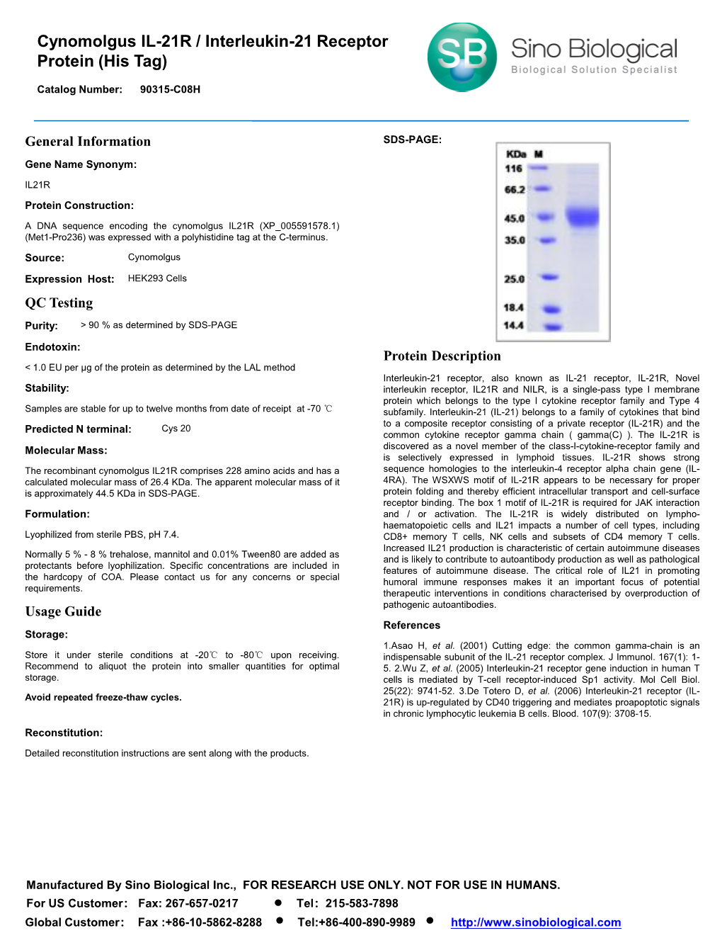 Cynomolgus IL-21R / Interleukin-21 Receptor Protein (His Tag)