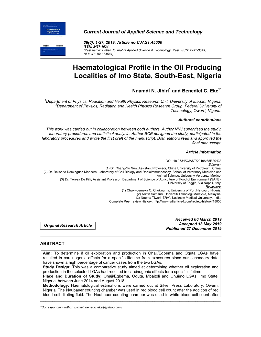 Haematological Profile in the Oil Producing Localities of Imo State, South-East, Nigeria