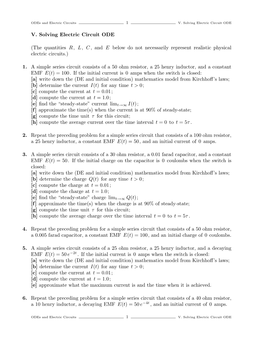 V. Solving Electric Circuit ODE (The Quantities R, L, C , and E Below