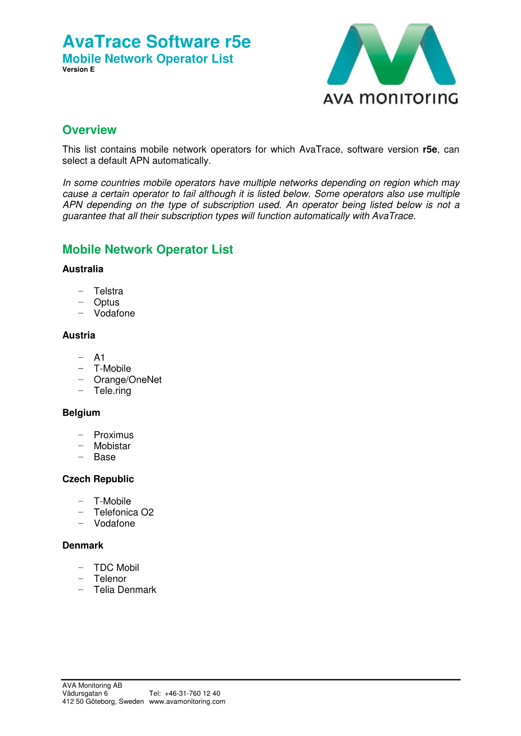Avatrace Software R5e Mobile Network Operator List Version E