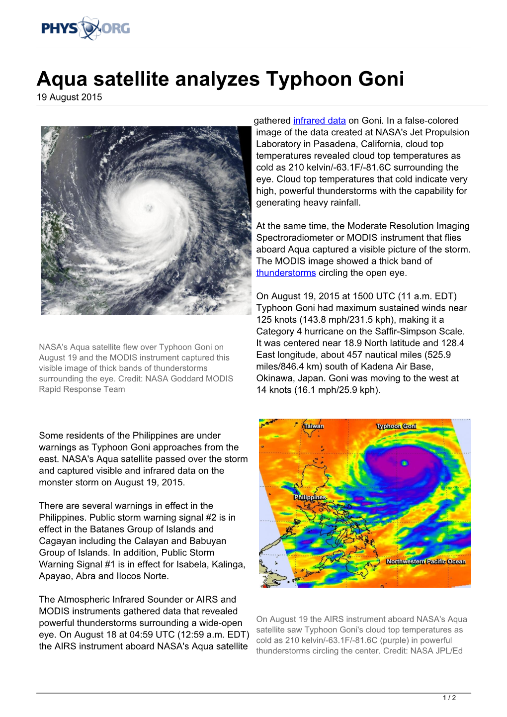 Aqua Satellite Analyzes Typhoon Goni 19 August 2015