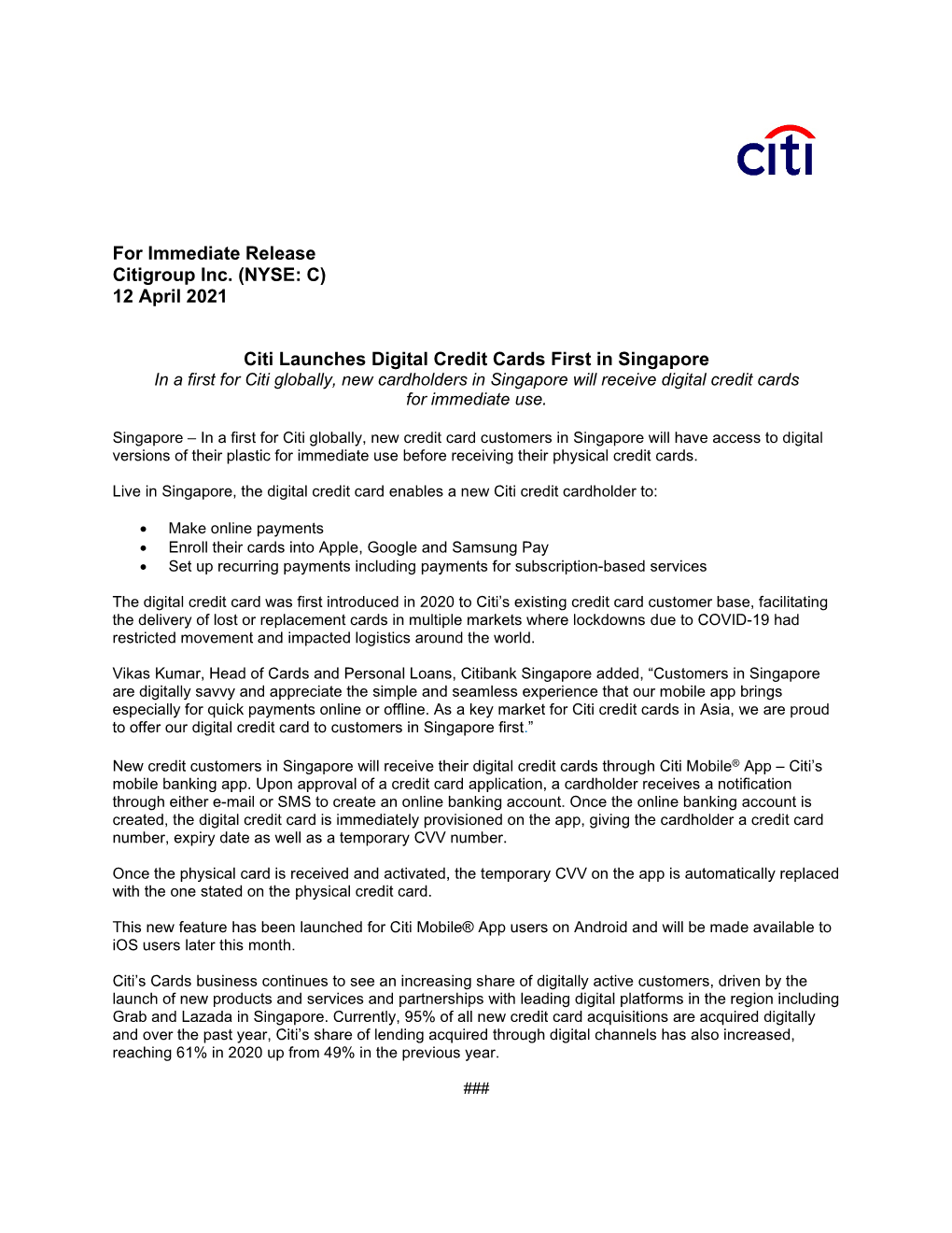 12 April 2021 Citi Launches Digital Credit Cards First in Singapore