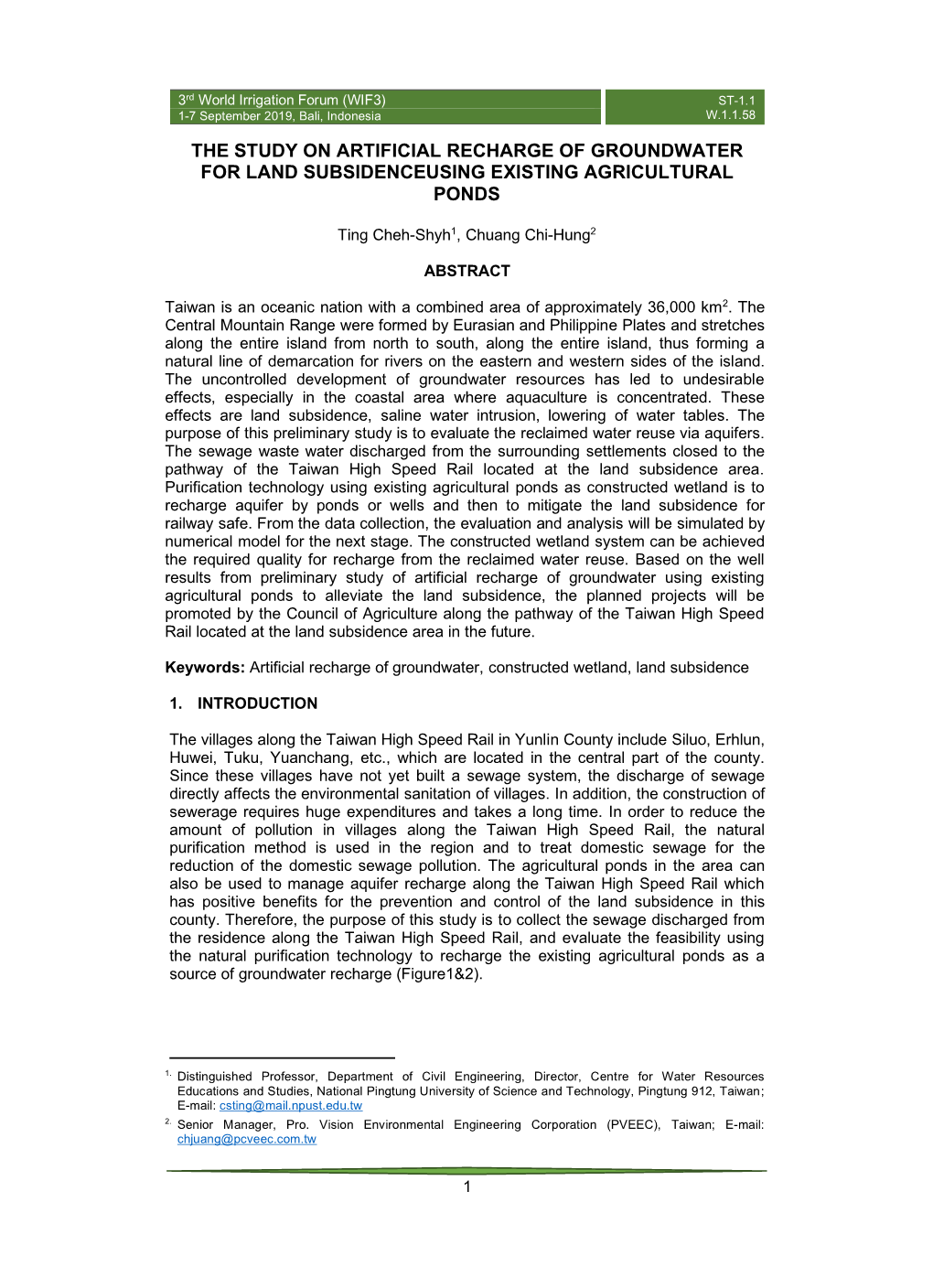 The Study on Artificial Recharge of Groundwater for Land Subsidenceusing Existing Agricultural Ponds