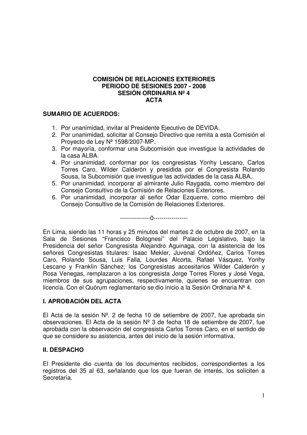 1 Comisión De Relaciones Exteriores Periodo De Sesiones 2007