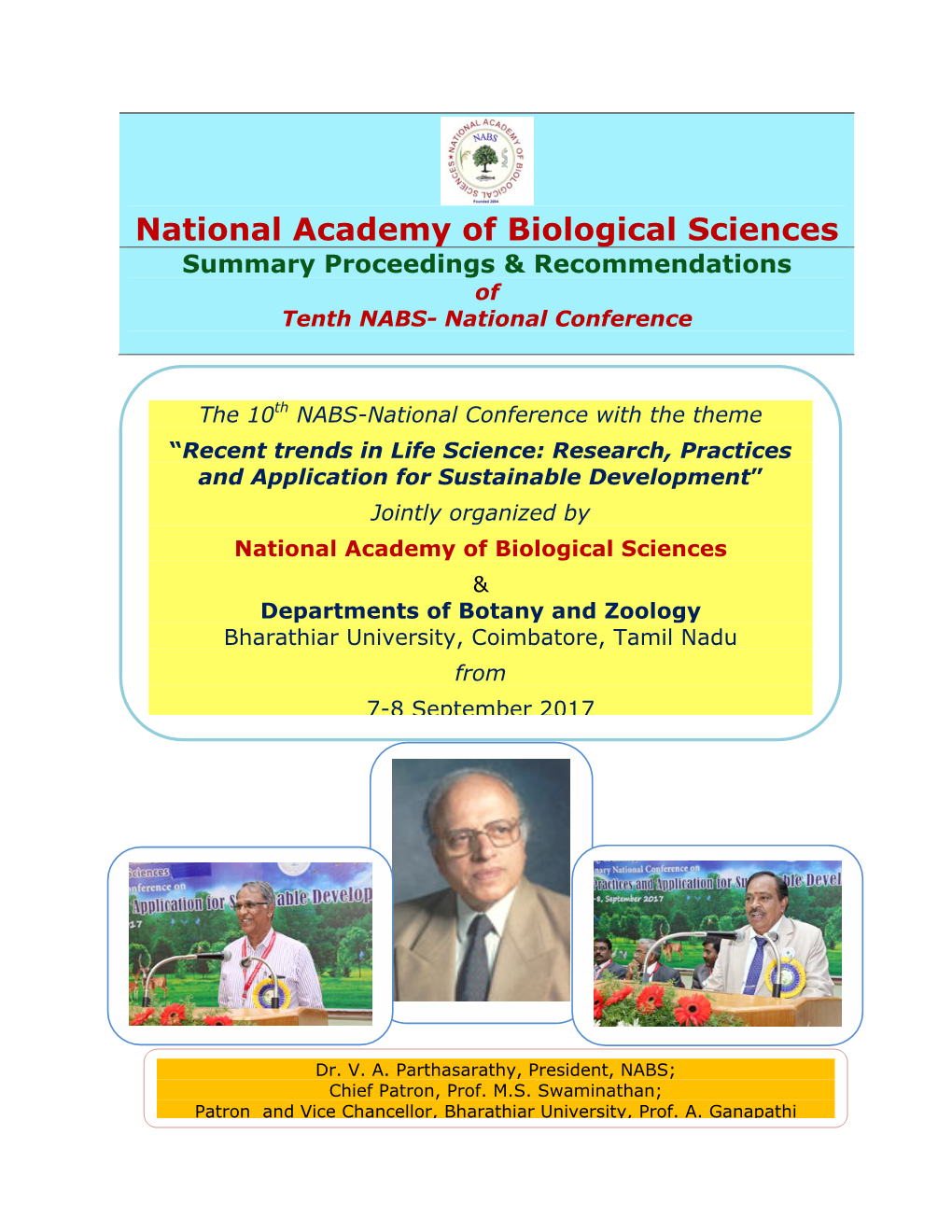 National Academy of Biological Sciences Summary Proceedings & Recommendations of Tenth NABS- National Conference