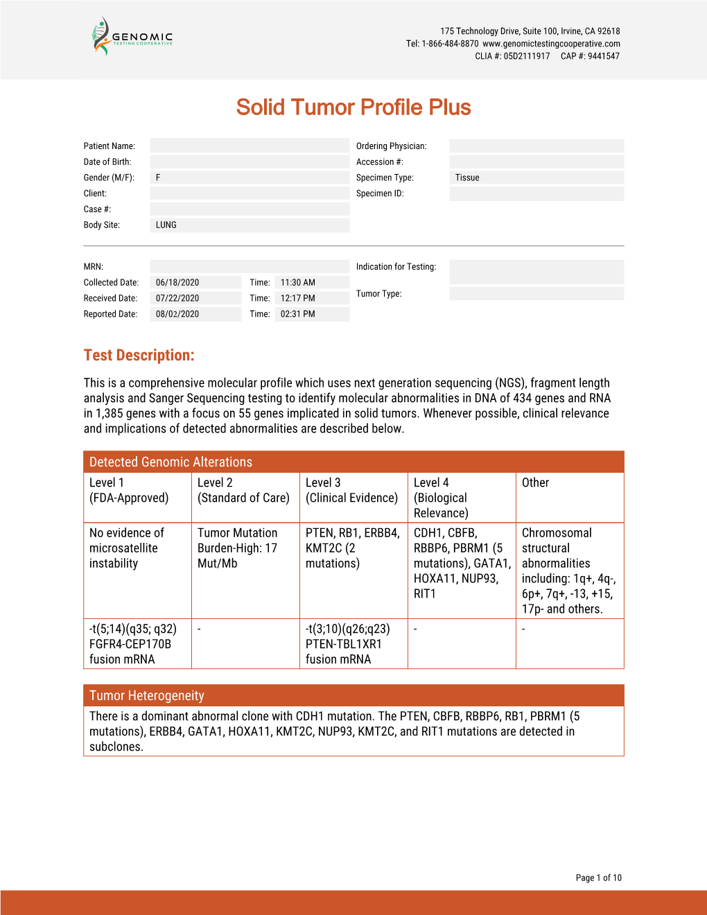 Sample Report for Solid Tumor Profile Plus (Lung Cancer)