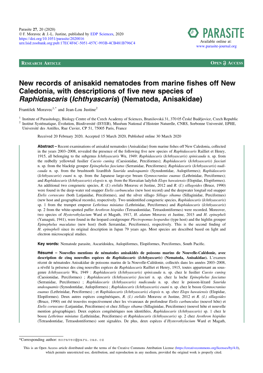 New Records of Anisakid Nematodes from Marine Fishes Off New Caledonia, with Descriptions of Five New Species of Raphidascaris (Ichthyascaris) (Nematoda, Anisakidae)