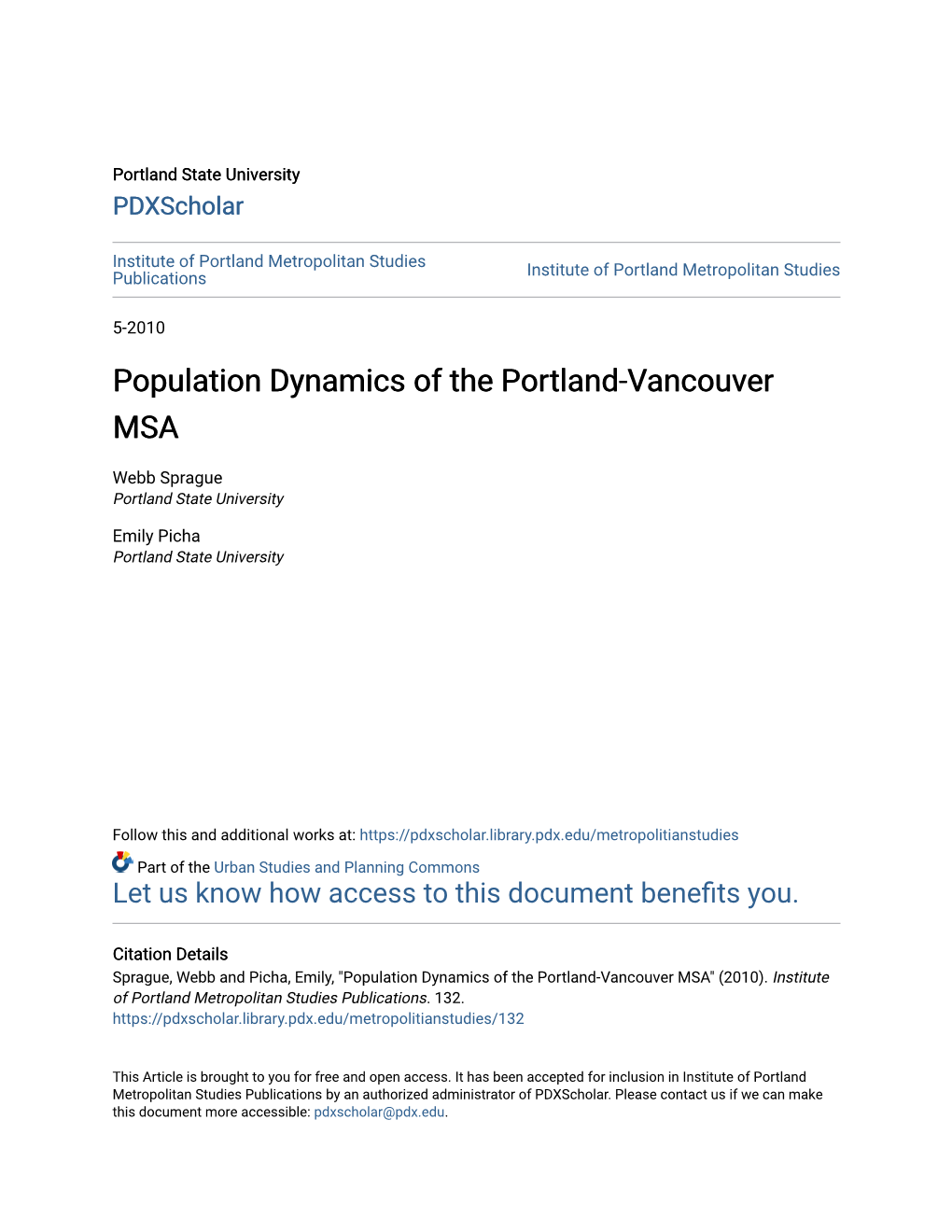 Population Dynamics of the Portland-Vancouver MSA