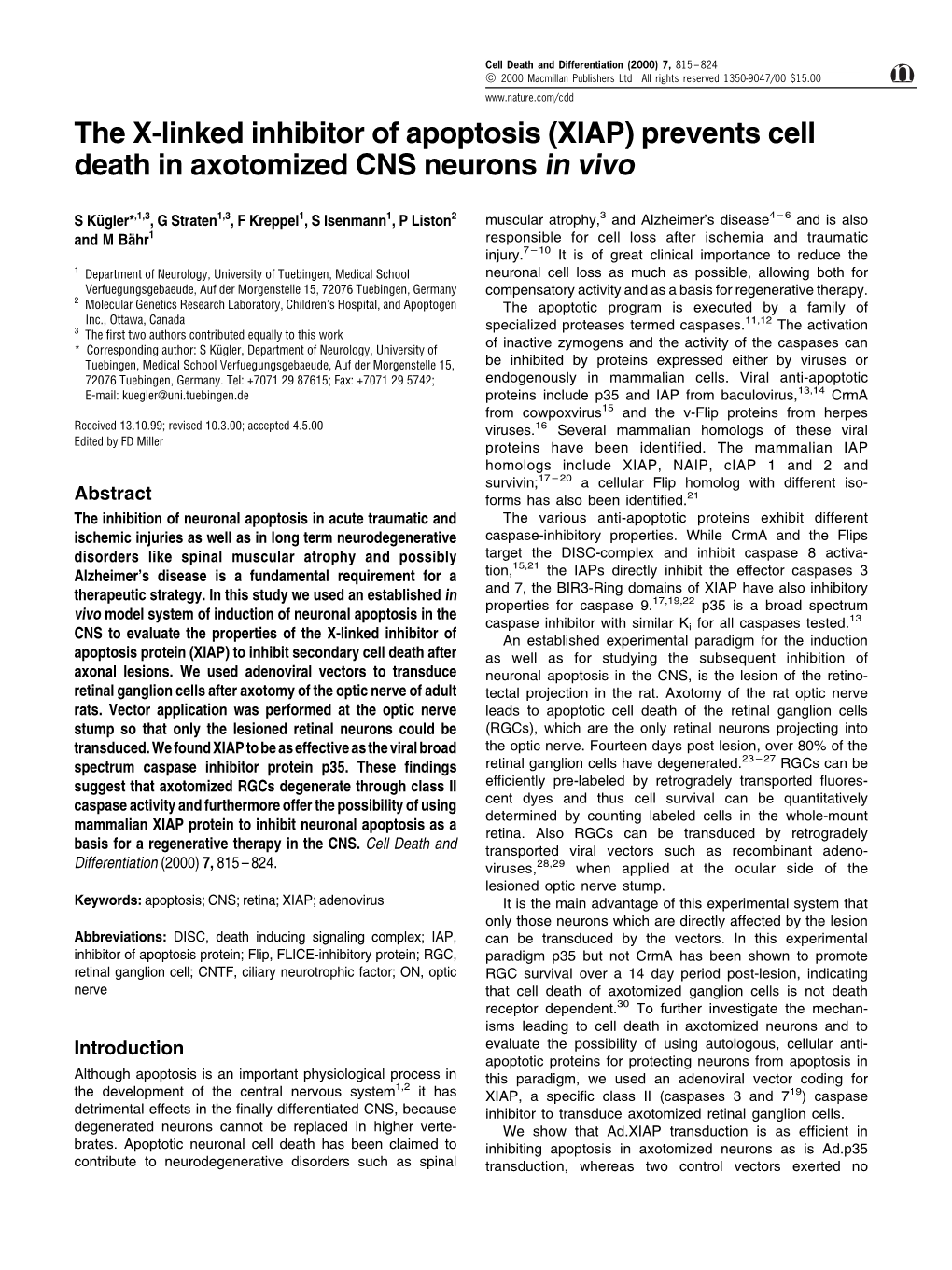 (XIAP) Prevents Cell Death in Axotomized CNS Neurons in Vivo