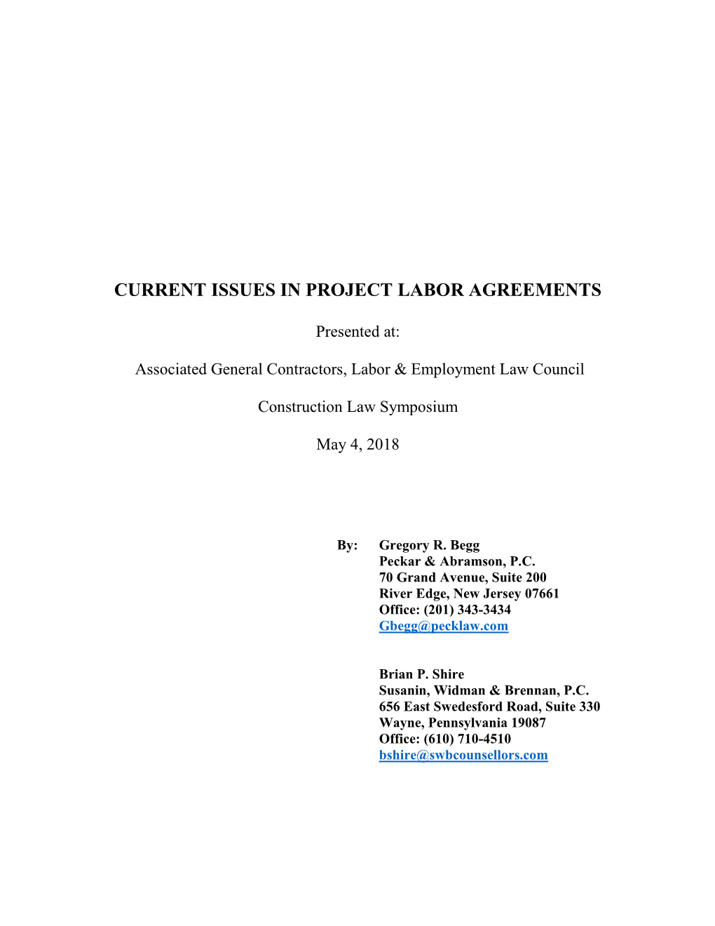 Current Issues in Project Labor Agreements