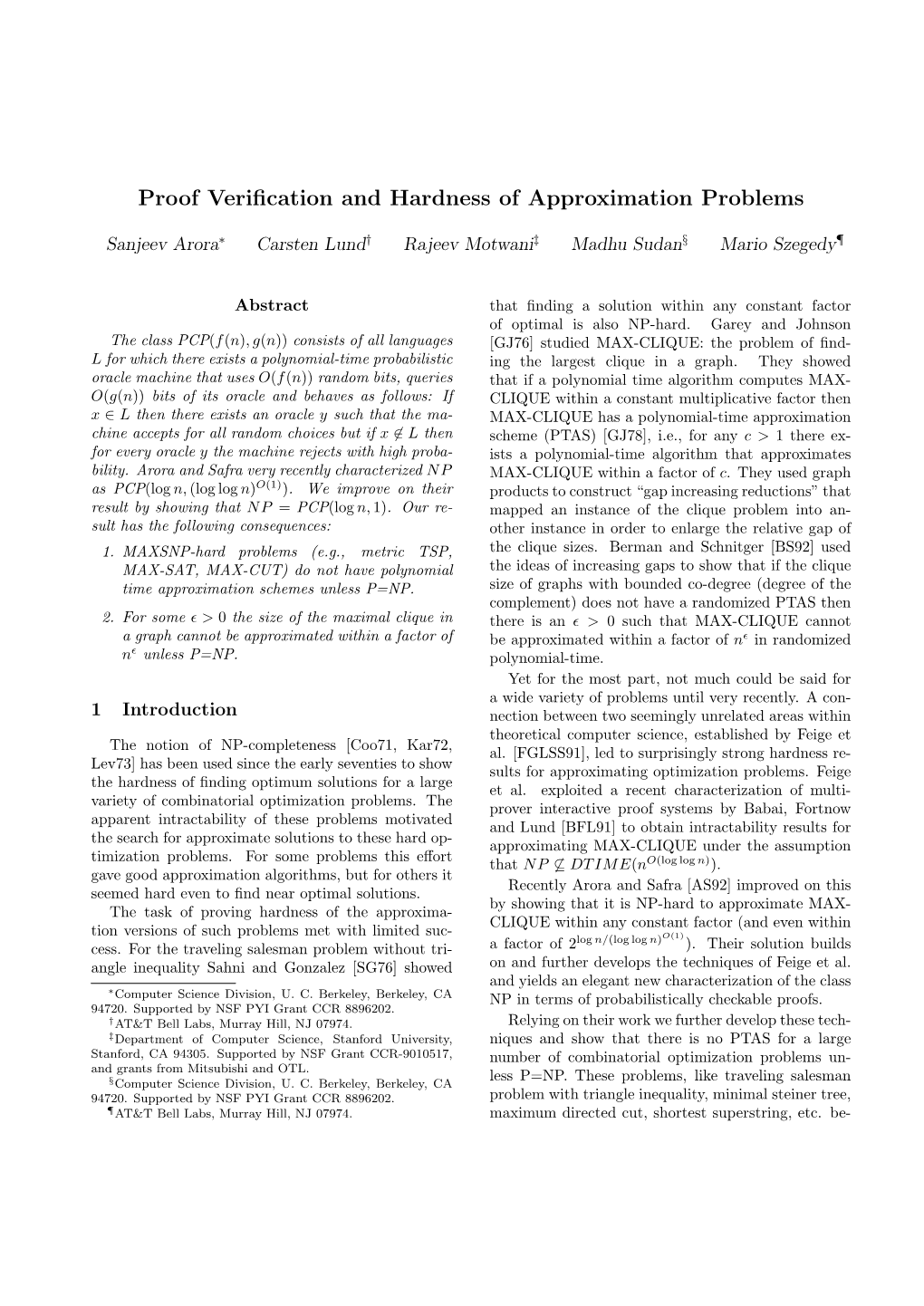 Proof Verification and Hardness of Approximation Problems