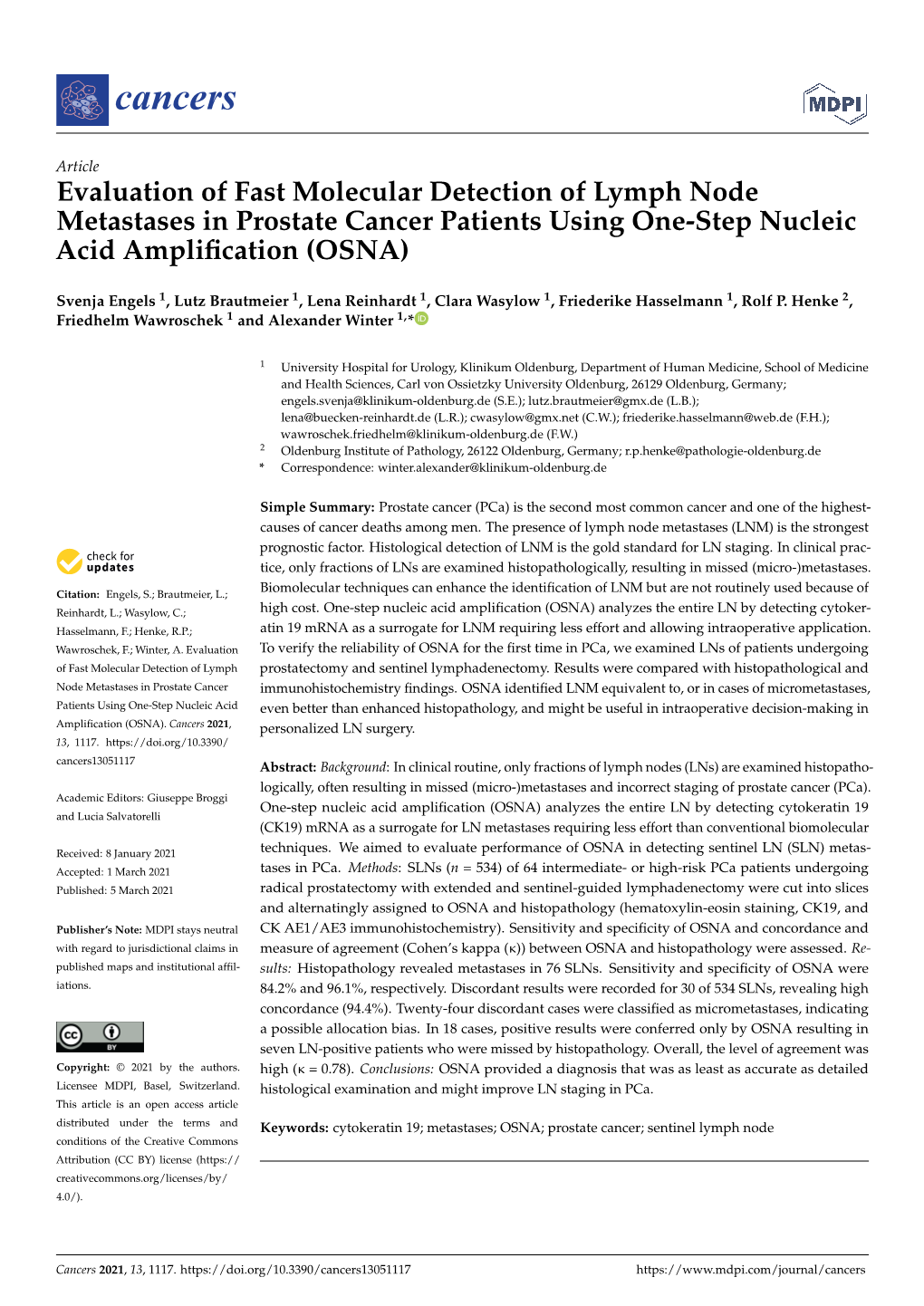 Evaluation of Fast Molecular Detection of Lymph Node Metastases in Prostate Cancer Patients Using One-Step Nucleic Acid Ampliﬁcation (OSNA)