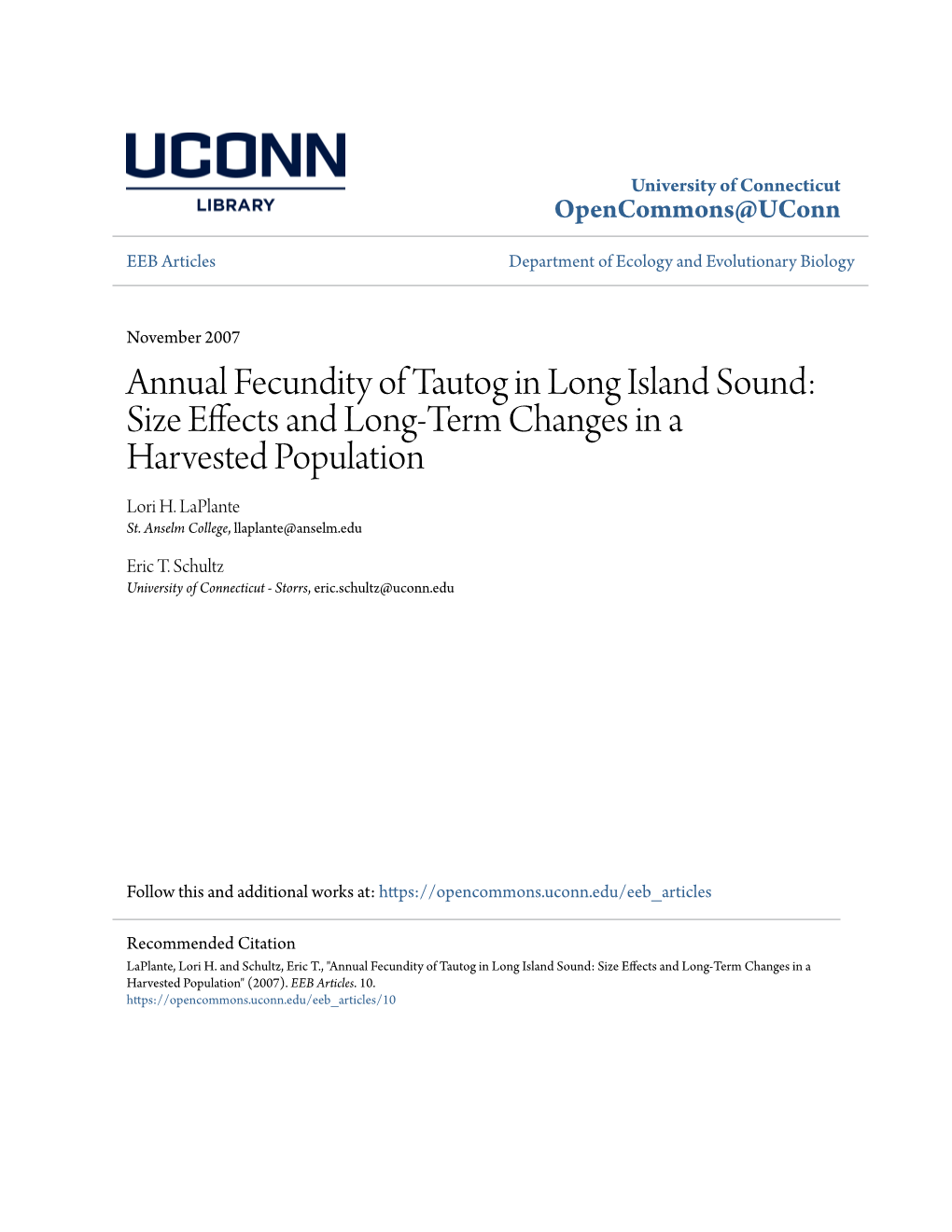 Annual Fecundity of Tautog in Long Island Sound: Size Effects and Long-Term Changes in a Harvested Population Lori H