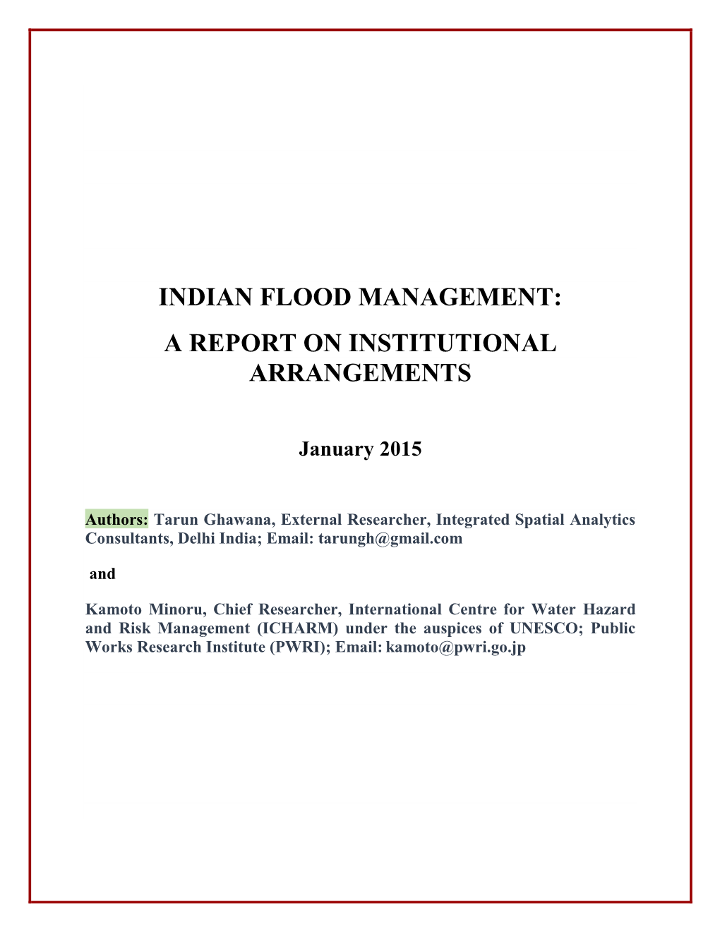 Indian Flood Management: a Report on Institutional Arrangements