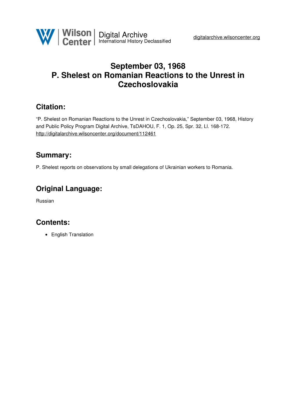 September 03, 1968 P. Shelest on Romanian Reactions to the Unrest in Czechoslovakia