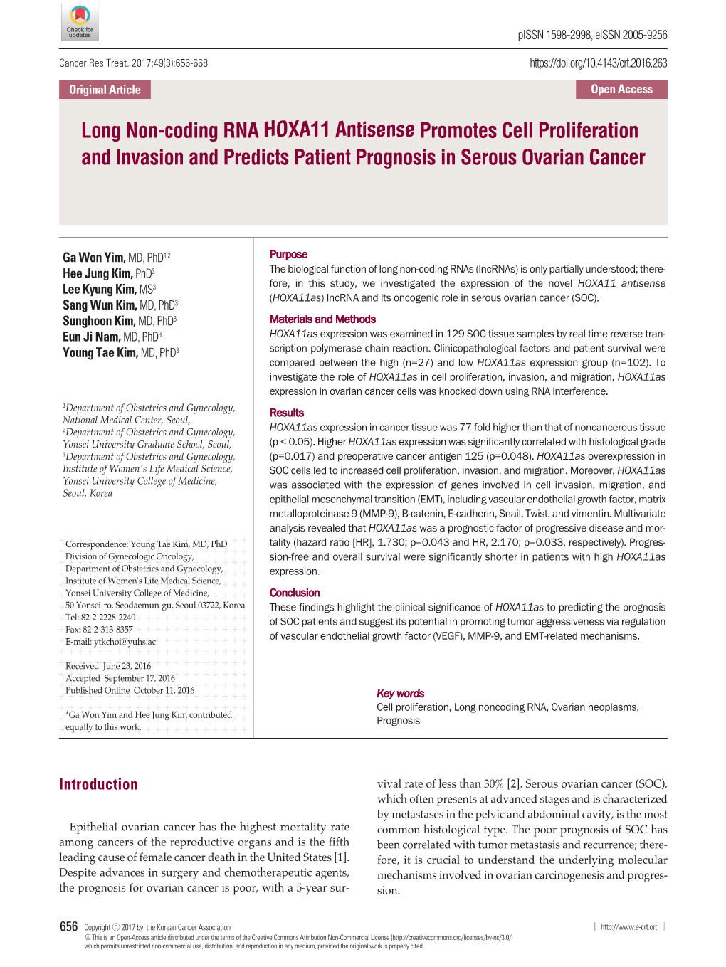 Long Non-Coding RNA HOXA11 Antisense Promotes Cell Proliferation and Invasion and Predicts Patient Prognosis in Serous Ovarian Cancer