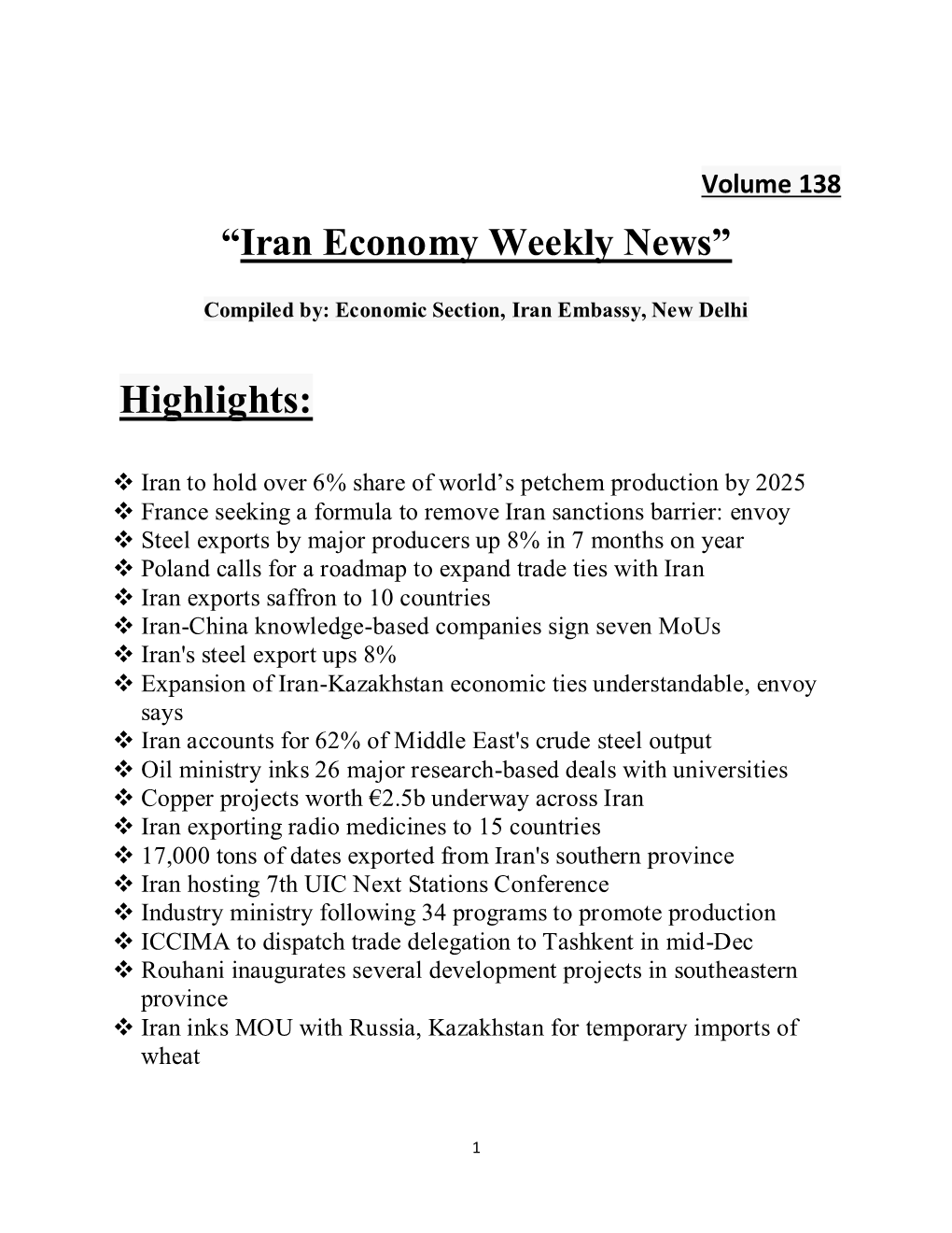 Iran Economy Weekly News”
