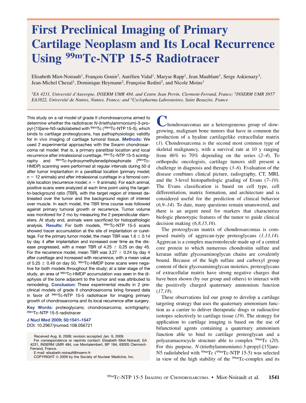 First Preclinical Imaging of Primary Cartilage Neoplasm and Its Local Recurrence Using 99Mtc-NTP 15-5 Radiotracer