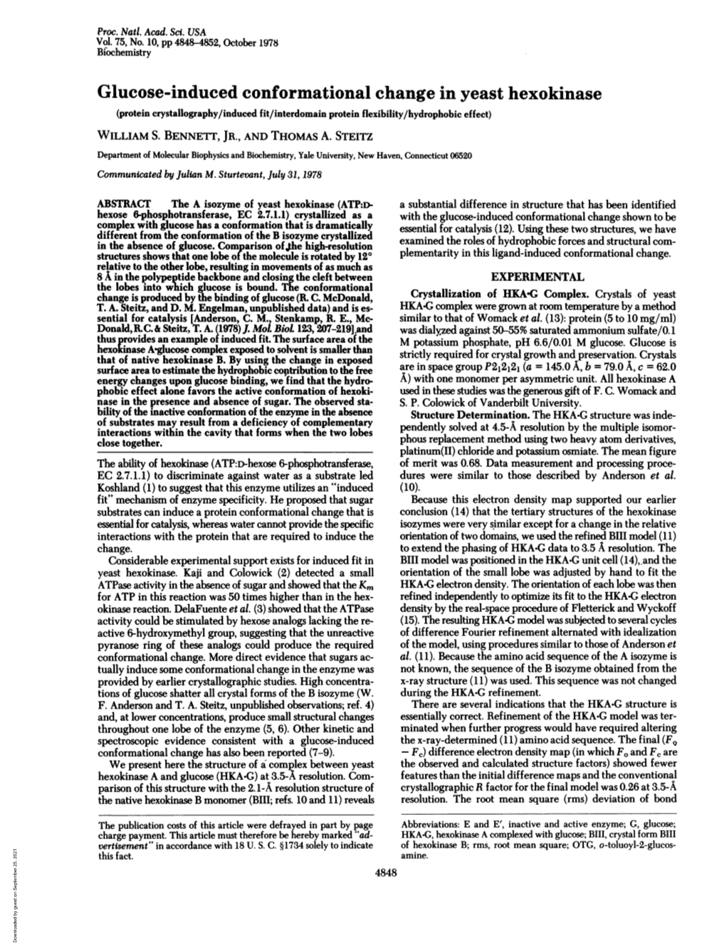 Glucose-Induced Conformational Change in Yeast Hexokinase (Protein Crystallography/Induced Fit/Interdomain Protein Flexibility/Hydrophobic Effect) WILLIAM S