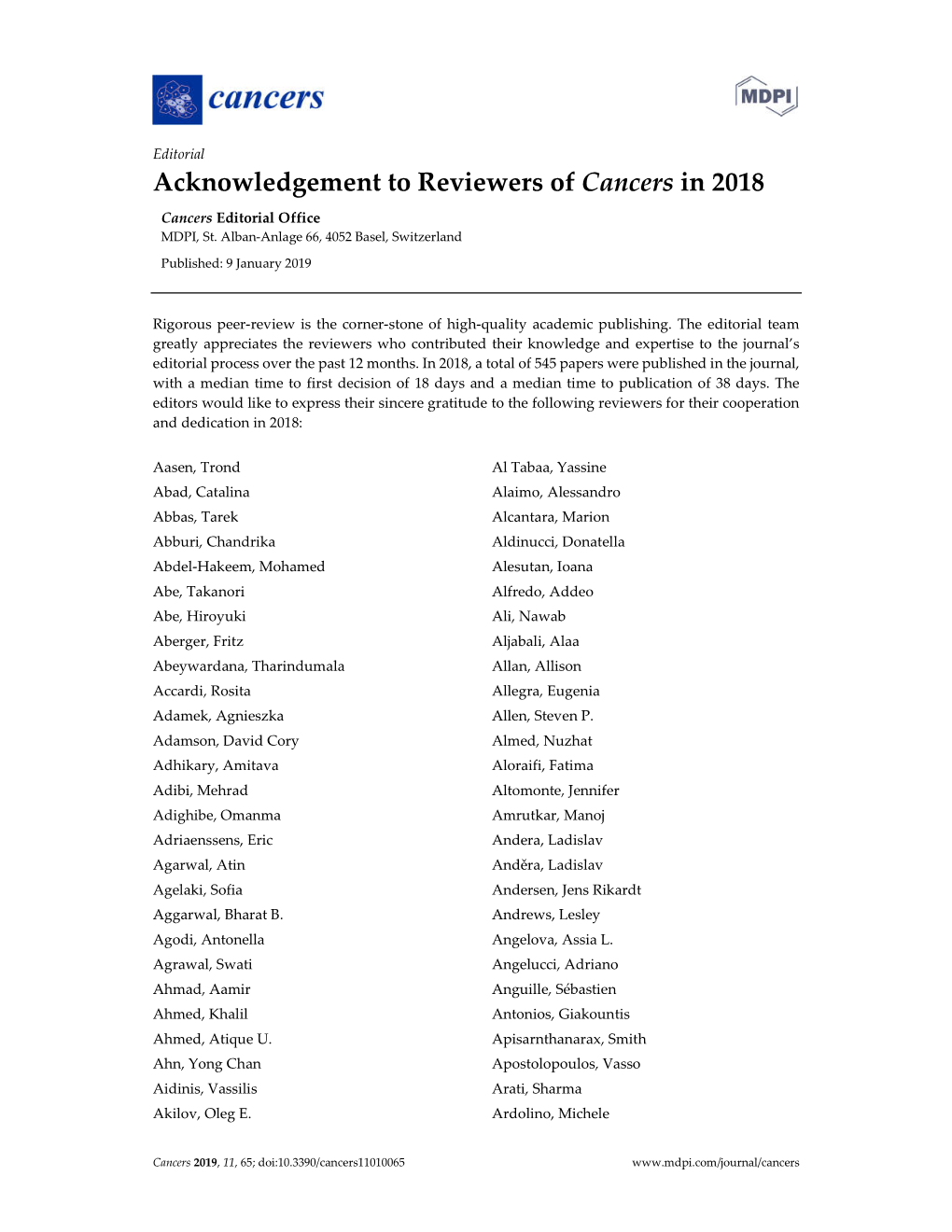 Acknowledgement to Reviewers of Cancers in 2018 Cancers Editorial Office MDPI, St